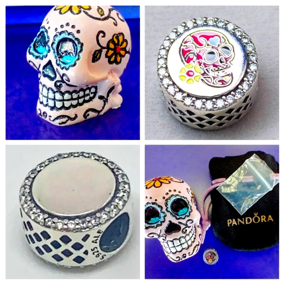 Pandora S925 ALE Sterling Silver Sugar Skull Charm Bead + Pink Decor Set NEW